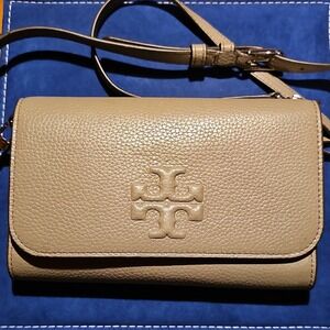 Tory Burch Pebbled Crossbody Bag Logo Accent Beige Silver Hardware Women's